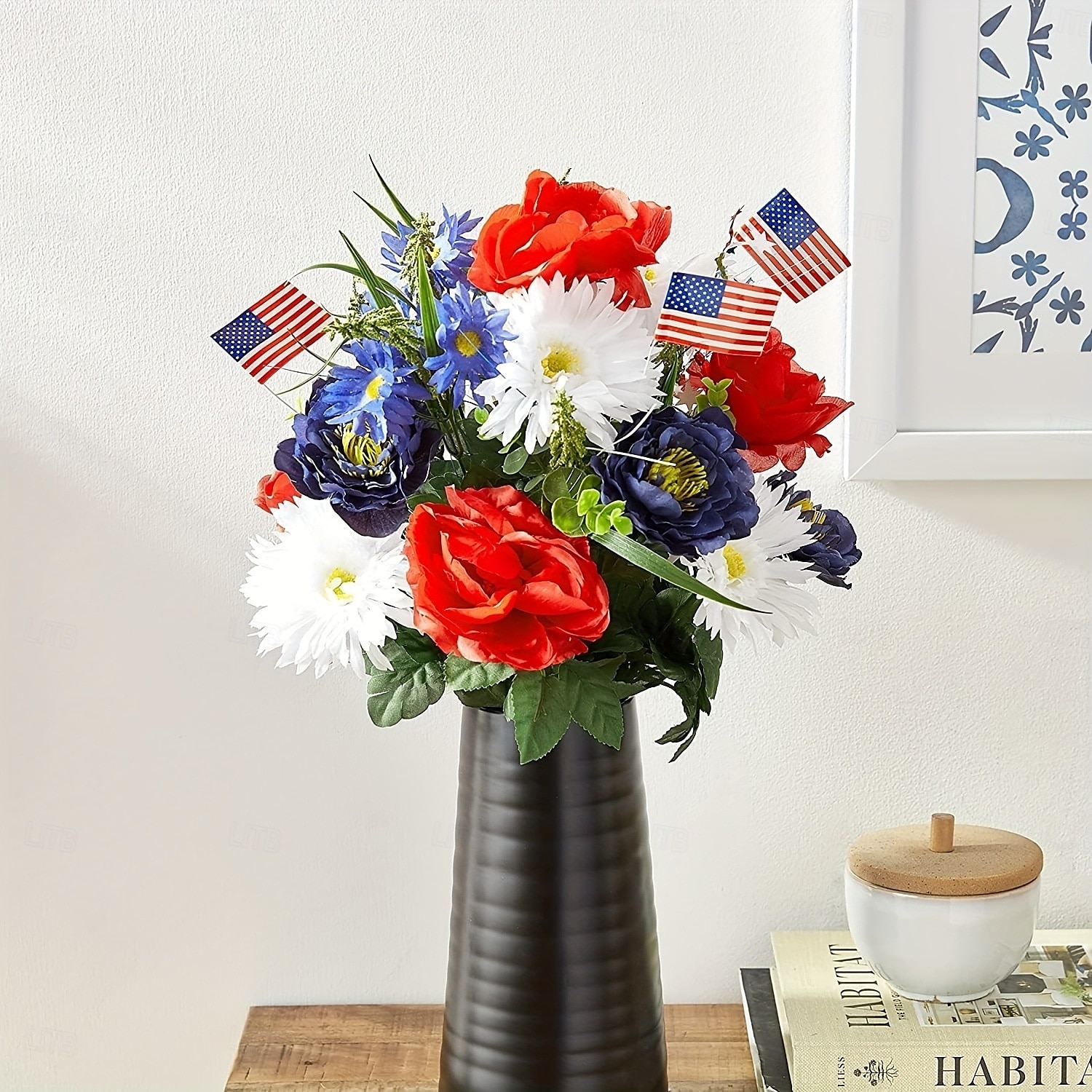 Patriotic Artificial Flowers 4th of July Bouquet Fake Independence Day Red White and Blue Cemetery Flowers with American Flags Roses Daisy for Grave Memorial Day  Veterans Decoration 2025 - $13.99 –P5