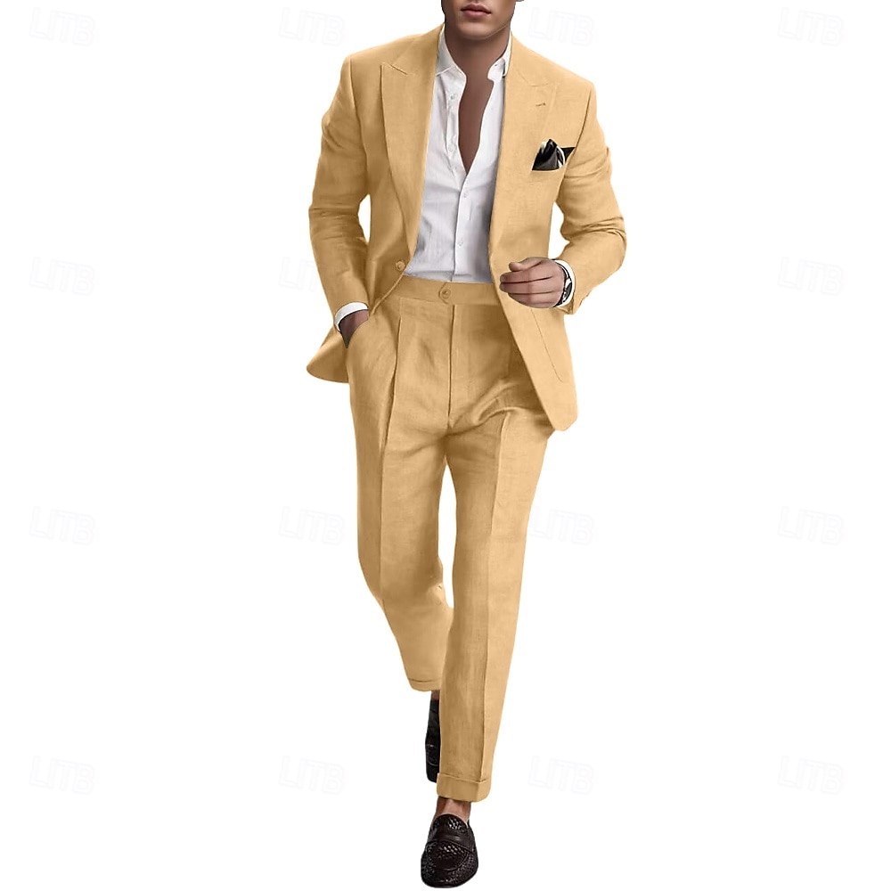 Pour des hommes Mariage Affaires Costumes en lin Revers en Pointe Rose Claire Bleu Ciel Mode Occasionnel Couleur Unie Coupe Standard 2 pièces Simple boutonnage un bouton de 2025 ? $115.99 –P8