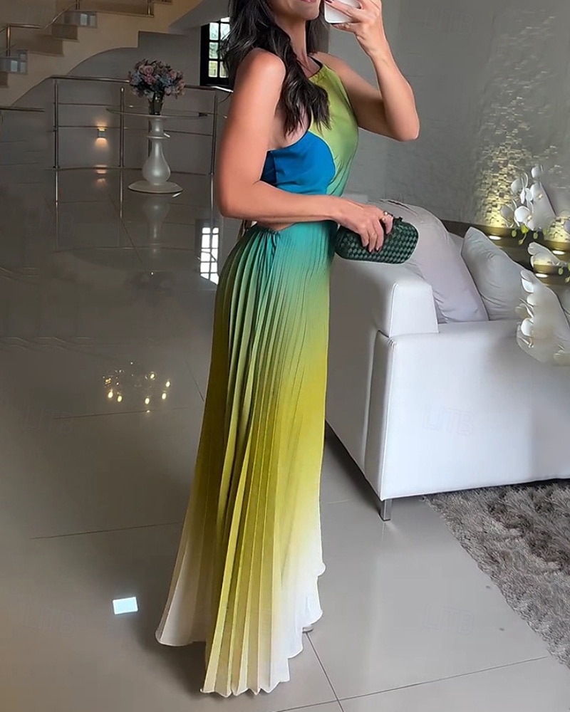 Femmes Robe Longue Maxi Robe Robe froncée Moderne Extérieur Vacances Fête Coupe régulière A Ombre Sans manches Col ras du cou Bleu Orange Vert Été de 2025 ? $25.99 –P3