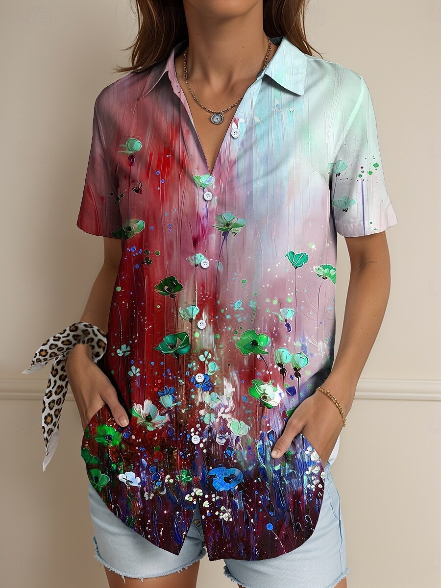 Femmes Chemise A Ombre Fleuri Graphique ancien Tropical Quotidien Sans manches Manche Courte Col de chemise Hauts Réguliers Quotidien Jaune Rouge Bleu Violet Été Printemps de 2025 ? $24.99 –P5