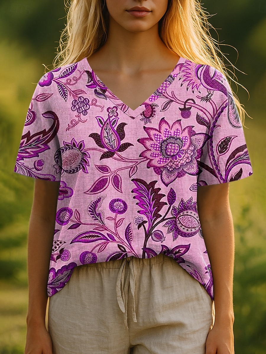Femmes T-shirt Fleuri Graphique Plantes Bohème Élégant Occasionnel Manche Courte Col en V Hauts Réguliers Quotidien Imprimé Jaune Bleu Violet Vert Été Printemps de 2025 ? $19.99 –P5