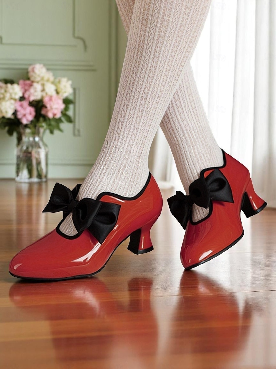 Pantofi de damă din piele lăcuită roșie cu toc jos – pantofi cu vârful ascuțit, stil vintage anii 1920, cu fundă neagră, pentru petreceri de ceai, nunți și evenimente retro 2025 - $54.99 –P2