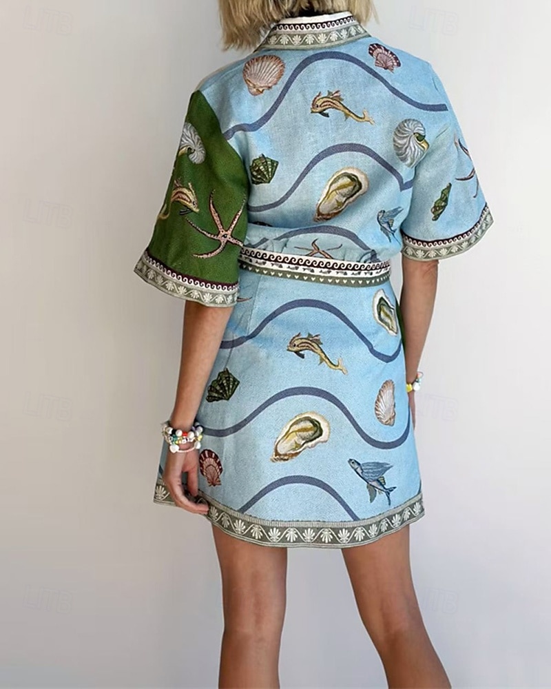 Women's Mini Dress Cotton Linen Dresses Casual Dress Fashion Outdoor Party Holiday Regular Fit Animal Short Sleeve Shirt Collar Green Summer 2025 - $42.99 –P4