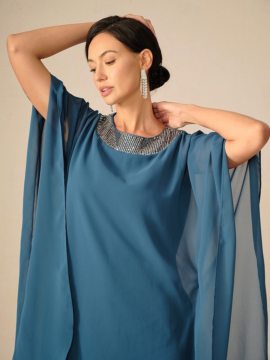 Damen Knielanges Kleid Chiffonkleid Elegant Party Einfarbig Halbarm Rundhalsausschnitt Blau Sommer Frühling Herbst 2025 - $79.99 –P7