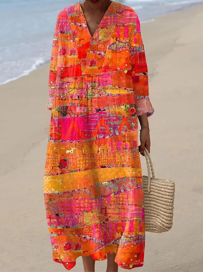 Femmes Robe Midi Robe d'Été Robe trapèze Vacances Occasionnel Boho Soirée Sortir Plage Graphique Géométrique Rayure manche longue Col en V Frêne Jaune Rose Claire Orange Été Printemps de 2025 ? $35.99 –P1