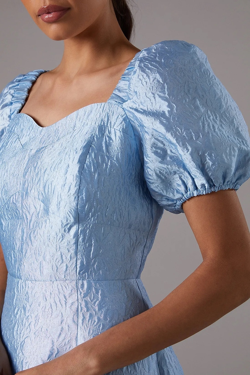 Sky Blue Jacquard Dress Column Cocktail Dresses Midi Dress Formal Semi Formal Wedding Tea Length Short Sleeve Bubble Sleeve Sweetheart Neckline Wedding Guest Dress 2025 - $123.99 –P2