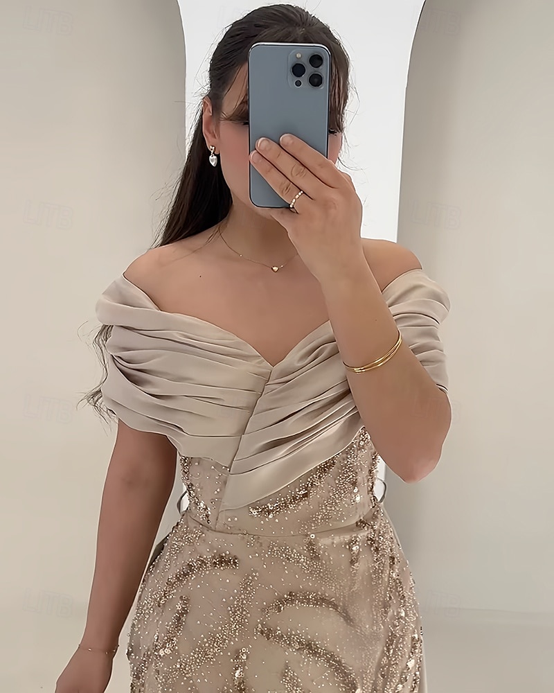 A-Linien Abendgarderobe Elegantes Kleid Formelles Hochzeitsbodenlanges Kurzarm Off-Shoulder Satin mit Glitzer Raffung Kristalle 2025 - $159.99 –P2