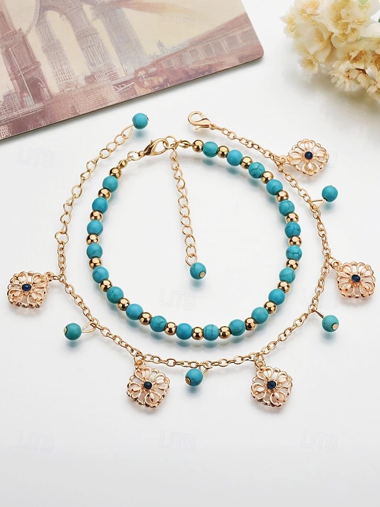Tobillera con cuentas turquesas para mujer y dijes chapados en oro: joyería bohemia de playa para vacaciones de verano y festivales. 2025 - $7.99 –P2