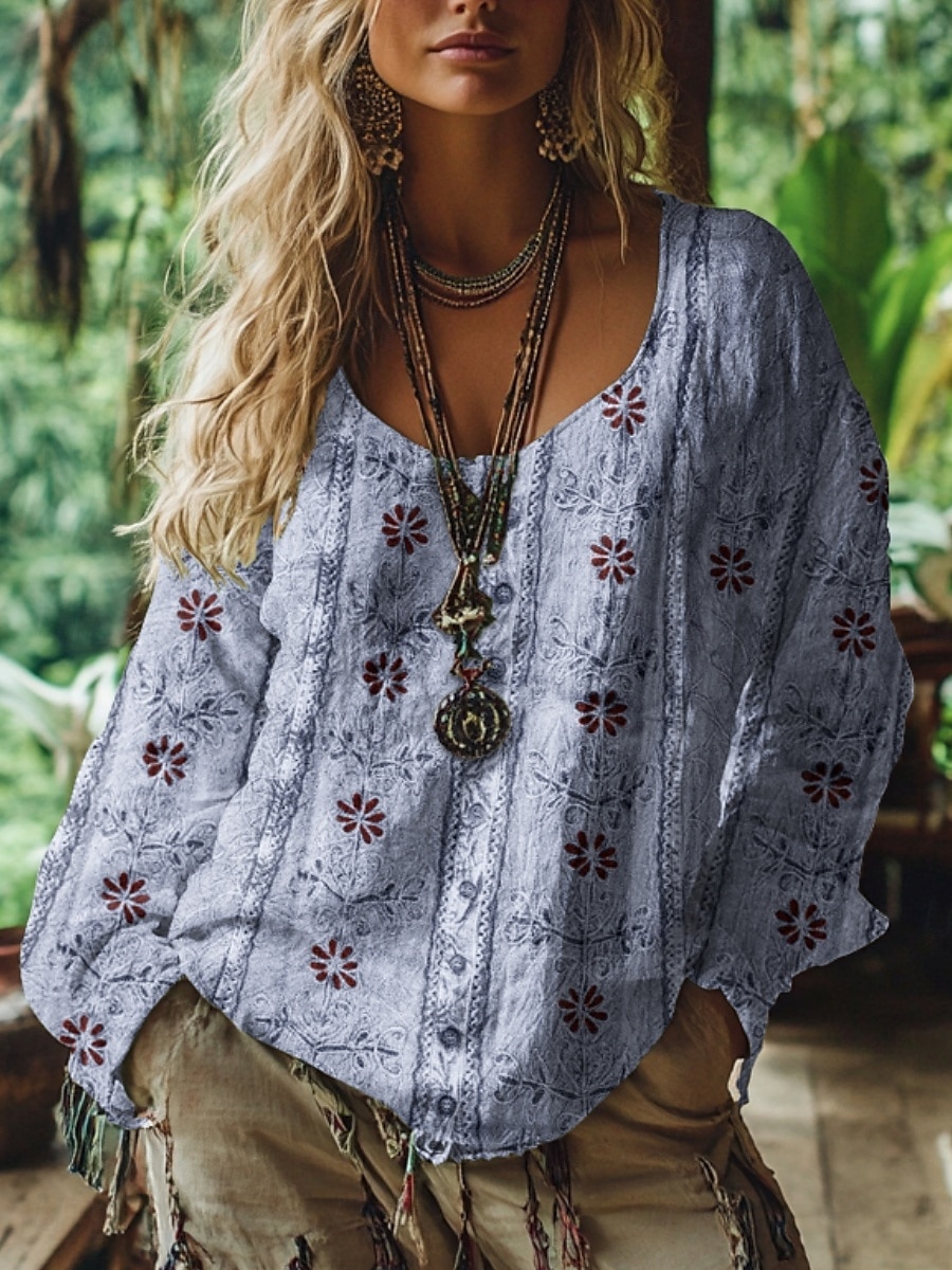 Bluză western pentru femei, cămașă boho, bluză cu imprimeu floral, modern, casual, mânecă lungă, decolteu în V, topuri obișnuite, zilnic, vacanță, ieșiri în oraș, imprimeu, verde deschis, roz, albastru, violet, verde, vară, toamnă 2025 - $19.99 –P1