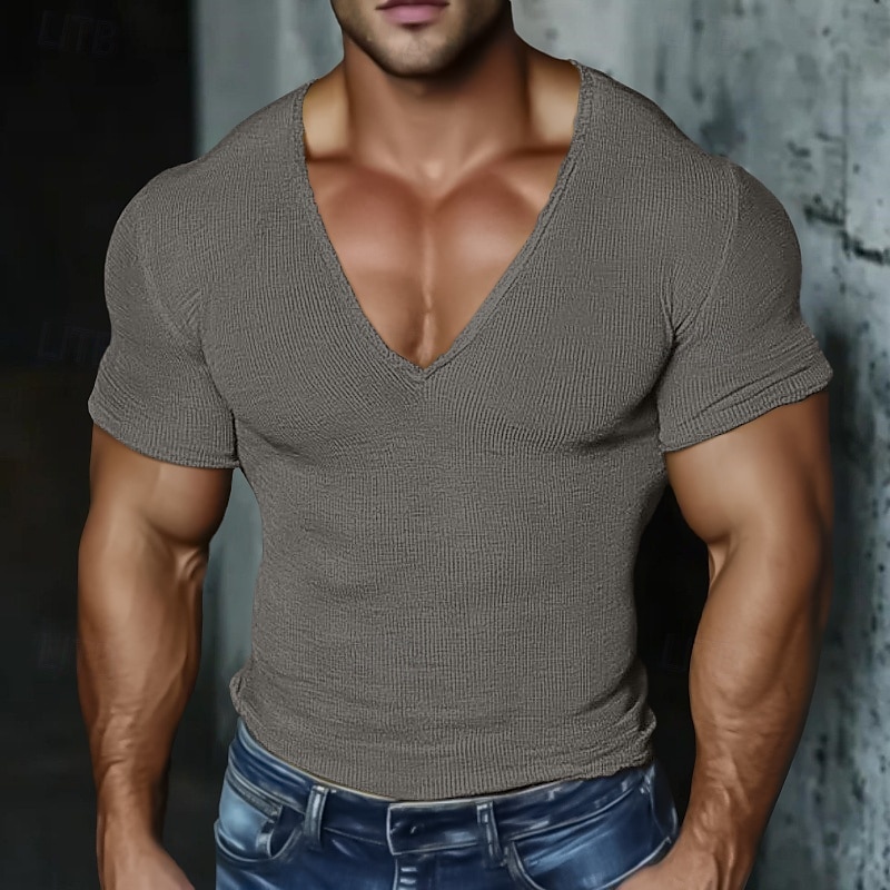 Férfi Kötött póló Tee Top Cotton Blend póló Rövid ujjú V-alakú Nyár Tömör szín Divat Dizájn Alap Kötött Vakáció Utca Hétköznapi Sárga Bézs Világoskék Férfi felső póló 2025 - $17.99 –P7