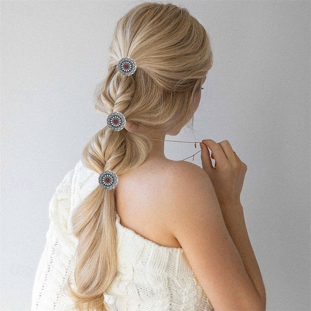 6 pezzi di elastici per capelli in metallo in stile western, elastici per capelli boho, elastici per capelli circolari a forma di fiore di zucca vintage, fasce per capelli con fiori di zucca turchese del 2025 a $12.49 –P4