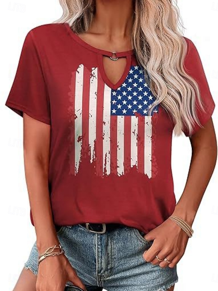 Vrouwen Blouse Vlag Stijlvol Casual Korte Mouw Crewneck Regelmatige Tops Dagelijks Print Zwart Rood Marineblauw Zomer 2025 - $19.99 –P1