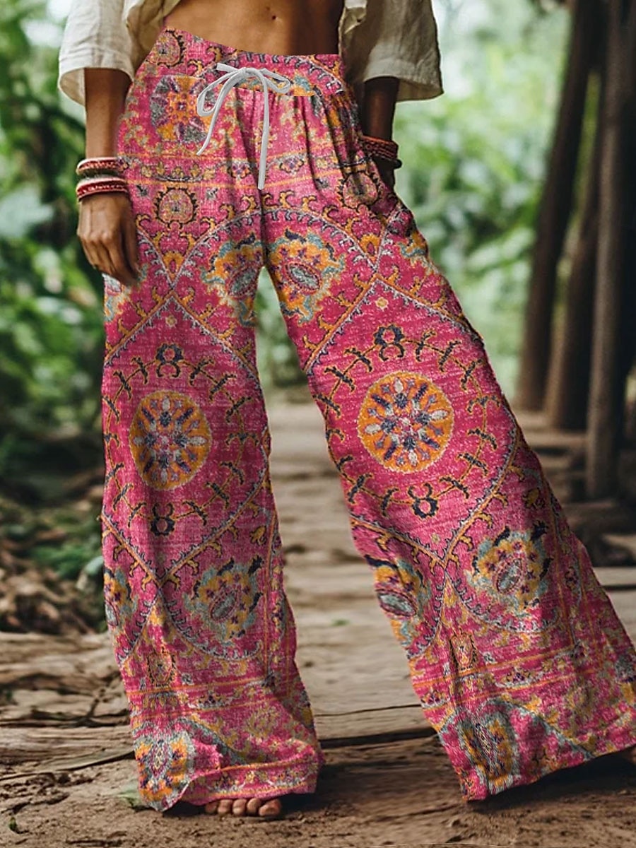 Damen Boho Weite Bein Chinos Baggy-Hose Urlaub Vintage Mode Voller Länge Hohe Taille Floral Grafik Paisley Druck Weich Atmungsaktiv Mikrodehnbar Formal Urlaub Straße Schwarz Pink Blau Sommer 2026 - $27.99 –P1