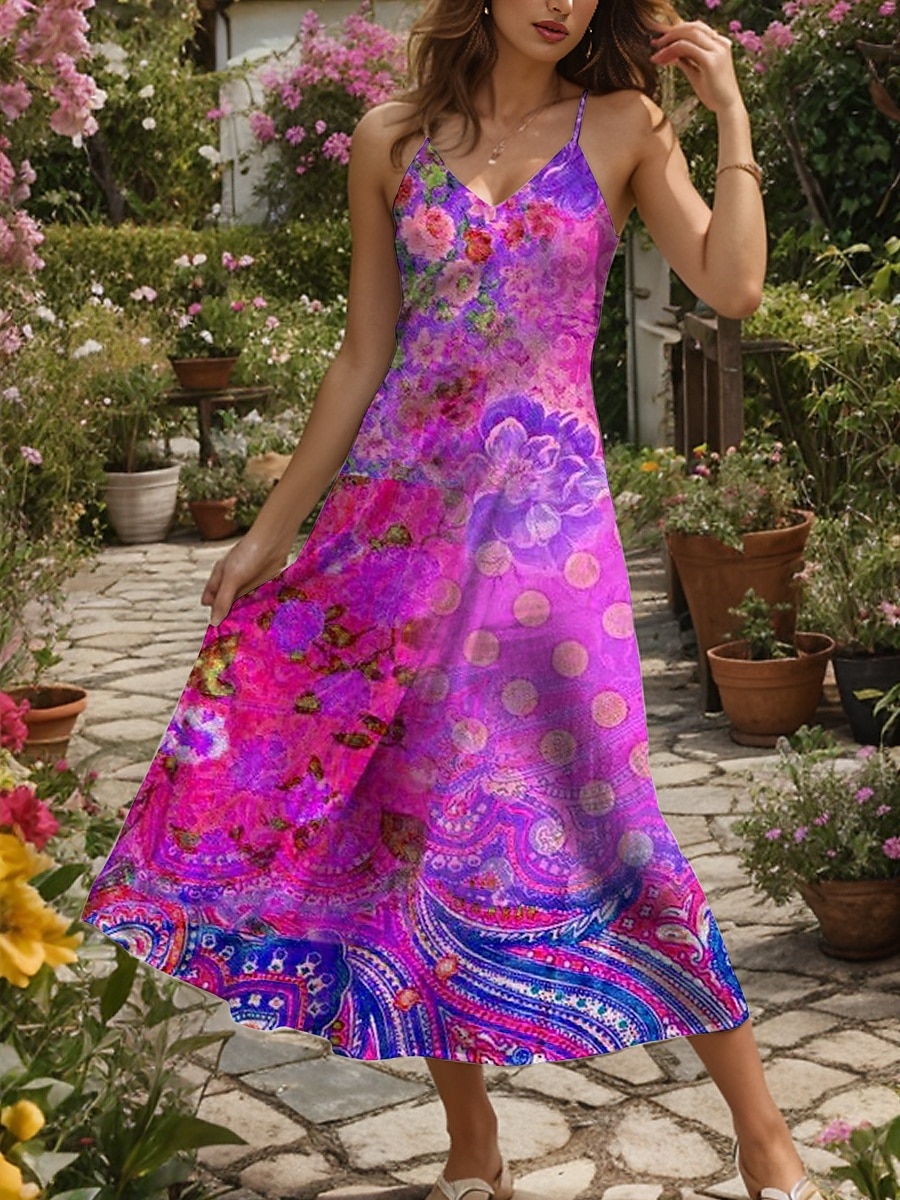 Per donna Abito maxi Vestito Estivo Abito a trapezio Abito Sottoveste Vacanza Casual Boho Spiaggia Vestibilità regolare Floreale Grafico A Pois Senza Maniche Scollo a V Viola Arancione Estate del 2025 a $34.99 –P4