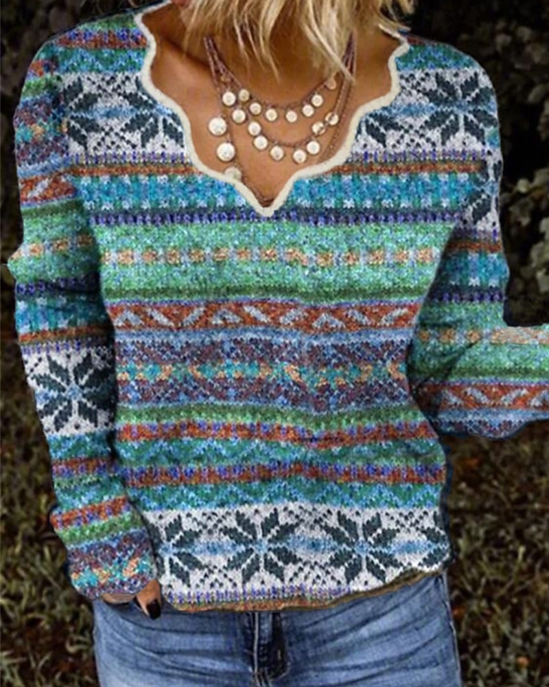 Dames Blouse Bloem Modern Boho Lange mouw V-hals Normale tops Feestdagen Uitgaan Afdrukken blauw Paars Oranje Zomer 2025 - $18.49 –P7