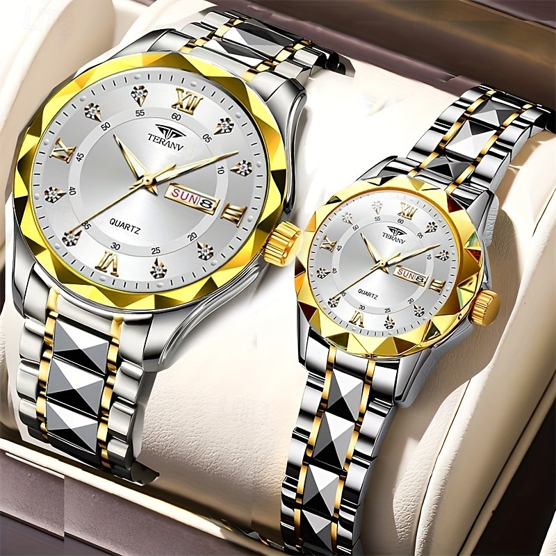 Dois mostradores romanos redondos com diamantes aquáticos, mostrador luminoso, relógio de casal ipx7 à prova d'água, relógio de quartzo com calendário e data, pulseira de aço inoxidável elegante, de 2025 por $29.99 –P3