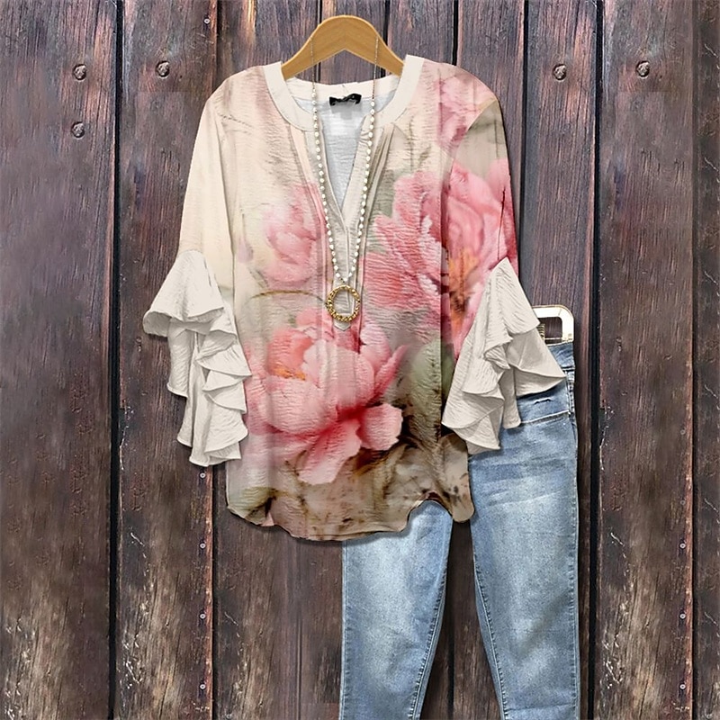 Damen T Shirt T-Shirt Blumen Grafik Mode Modern Halbarm V Ausschnitt Normale Oberteile Täglich Ausgehen Rüsche Druck Rosa Blau Braun Sommer Frühling 2025 - $23.99 –P1