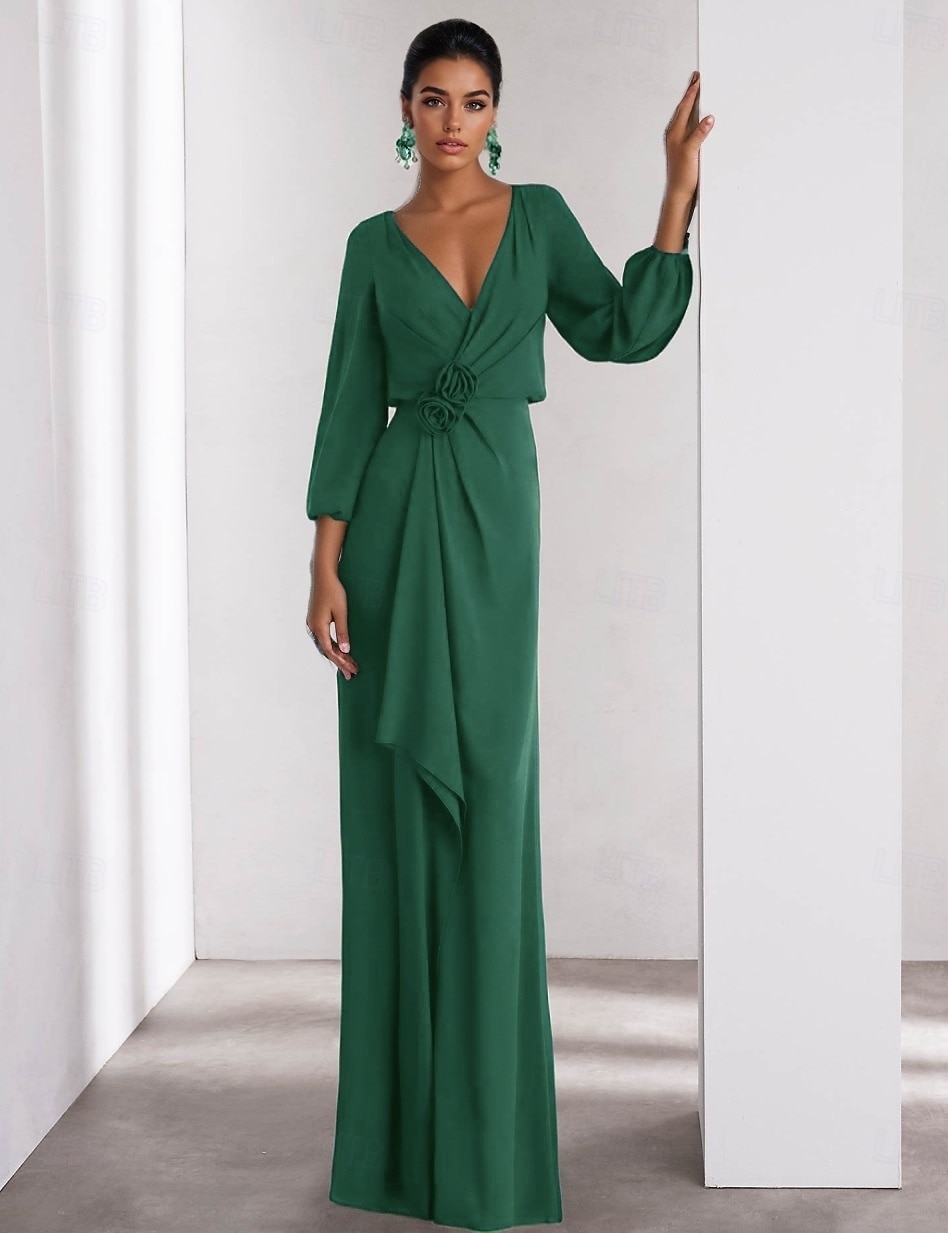 Linea ad A Abito da Sera Elegante Vestito Formale Matrimonio Lunghezza al pavimento Manica Lunga Scollo a V Crepe Elasticizzato con Volant 2025 del 2025 a $137.99 –P5