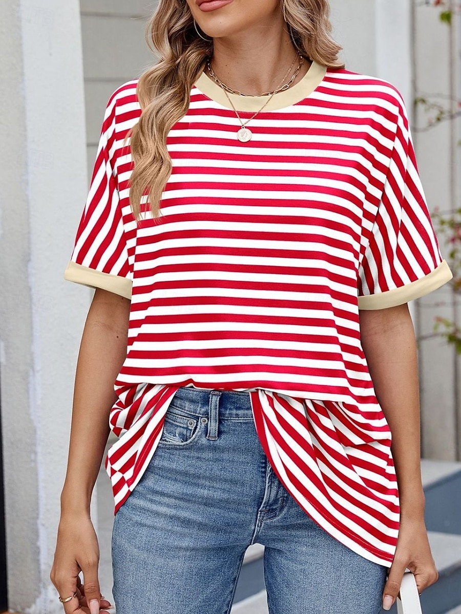 Femmes T-shirt Rayé Mode Élégant Moderne Manche Courte Col ras du cou Hauts Réguliers Quotidien Week-end Imprimé Noir Rouge Bleu Vert Été de 2025 ? $16.99 –P8