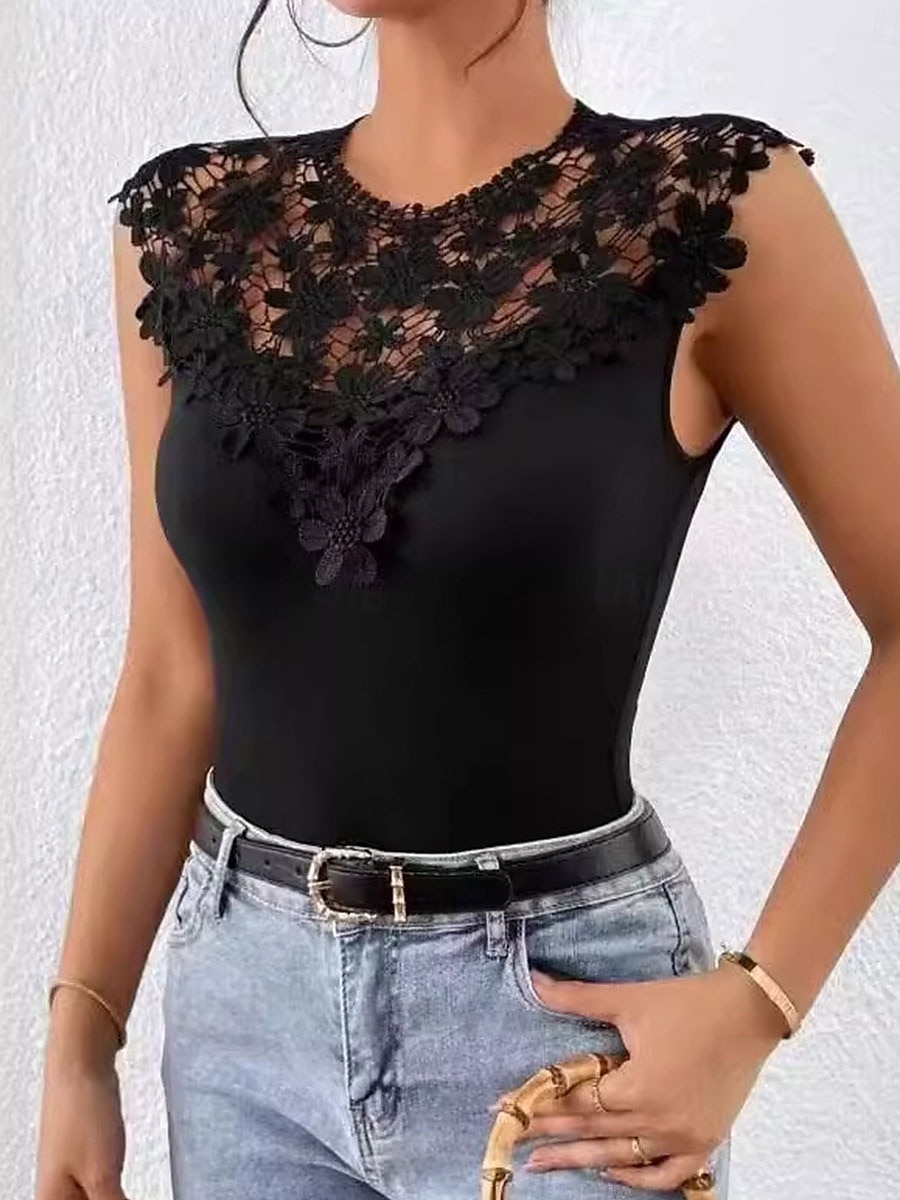 Dam Camisole linne Ensfärgat Elegant Dagligen Stylish Ärmlös Rund hals Vanliga toppar Dagligen Ihålig Svart Sommar Vår 2025 - $19.99 –P2