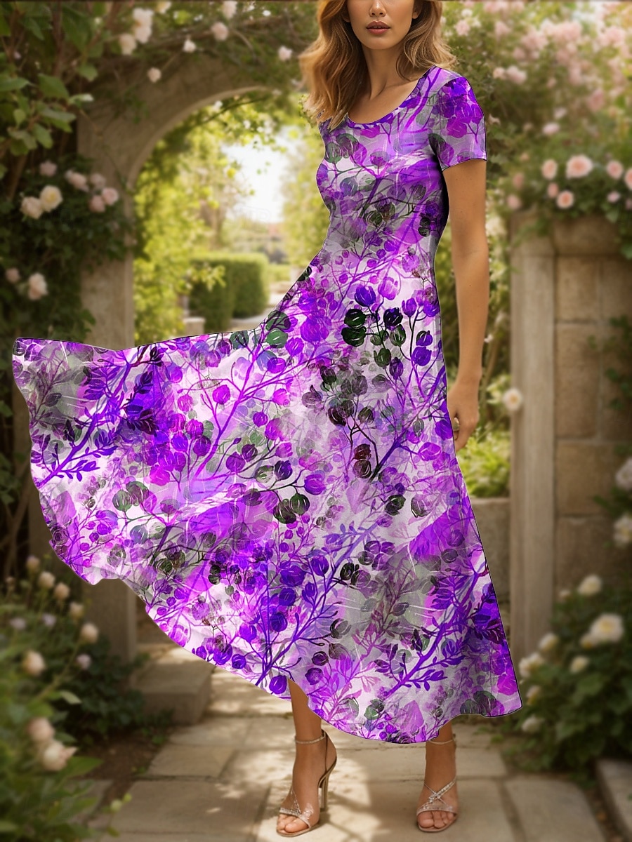 Damen Maxikleid Freizeitkleid A Linie Kleid Sommerkleid Elegant Urlaub Lässig Normale Passform Grafik Blatt Kurzarm Quadrathals Rundausschnitt Gelb Rote Blau Purpur Sommer 2025 - $30.99 –P5