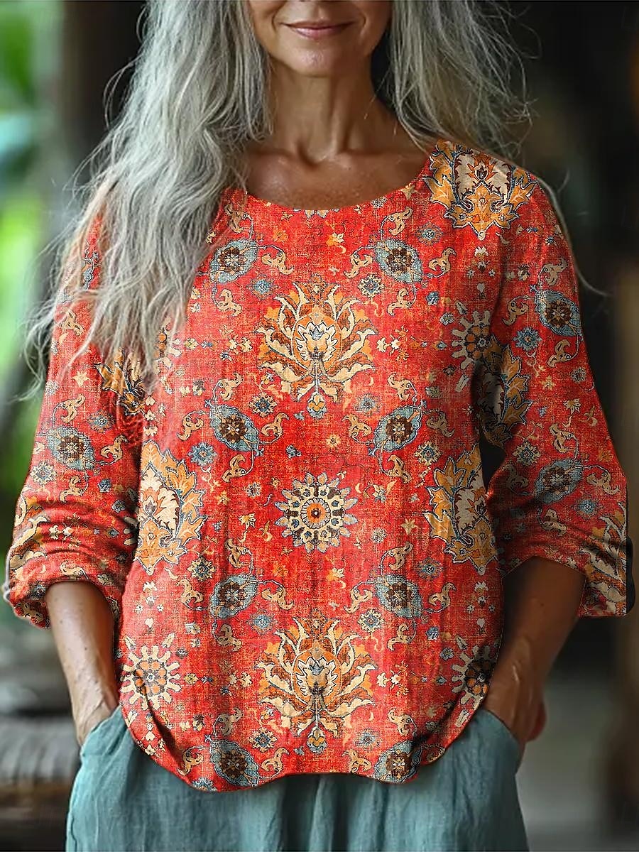 Kvinners Bluse Langermet Blomstermotiv Geometrisk Daglig Casual 3/4 Lengde Ermer Crew Neck Vanlige Topper Daglig Ferie Ferieklær Trykk Gul Rosa Blå Oransje Sommer Vår 2025 - $27.99 –P1