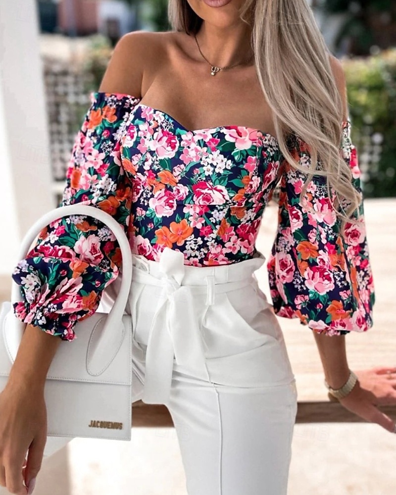 Damen Boho-Hemd Bluse Blume Modern Boho Langarm Schulterfrei Normale Oberteile Täglich Ausgehen Druck Erröten Sie Rosa Rosa Wein Rote Purpur Sommer 2025 - $21.99 –P10