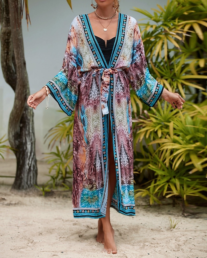 Damen Badeanzug Überwurf Bademode Vorderknoten Strandbekleidung Boho Blume V Ausschnitt Langarm Badeanzüge 2025 - $25.99 –P2