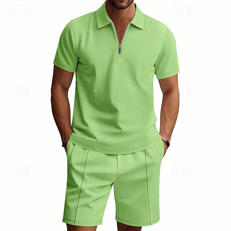 Voor heren Wafel Poloshirts Polo met kwartrits Dagelijks Feestdagen Revers Korte mouw Modieus Basic Effen 2-stuks Zomer Normale pasvorm Zwart Wit Marineblauw Koningsblauw Groen Khaki Wafel Poloshirts 2025 - $26.99 –P19