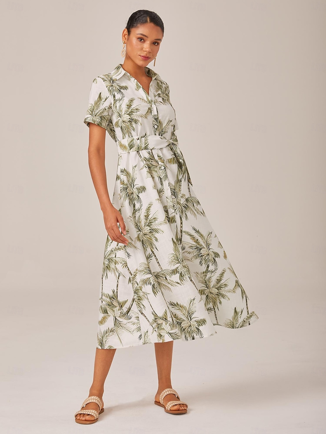 Dames Vrouw Shirtjurk Casual jurk Jurk met print Halflange jurk Groen Korte mouw Blad Planten Palmboom Zak Omgord Afdrukken Zomer Lente Herfst Overhemdkraag Vakantie XS S M 2025 - $81.99 –P1