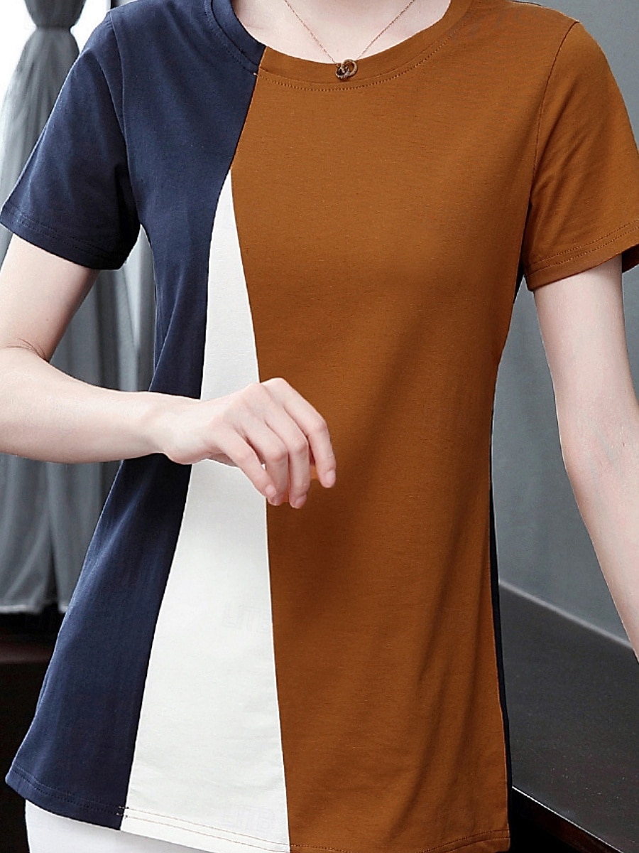 Dame Bluse Geometrisk Fargeblokk Stilfull Fritid Kortermet Crew-hals Vanlige topper Daglig Trykt mønster Svart Gul Blå Oransje Brun Sommer 2025 - $13.99 –P14