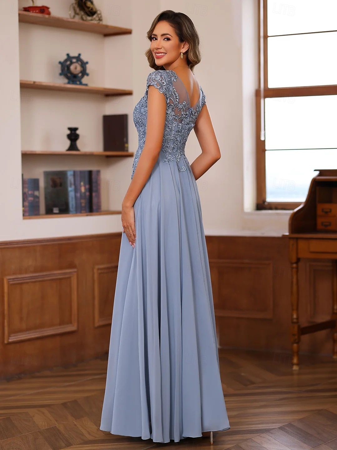 Blue Red A-Line Mother of the Bride Dress Elegant Luxurious Boat Neck Floor Length Chiffon Lace Short Sleeve with Tier Cascading Ruffles 2025 2025 - $139.99 –P2