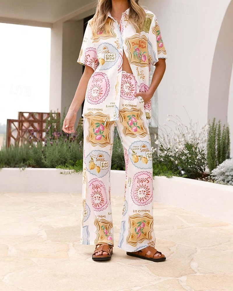 Damen Mode Streetwear Baumwoll-Leinen-Sets Hosen-Sets Kurzarm Hemdkragen Pflanze Druck Alltagskleidung Date Weiß Sommer Normale Passform 2025 - $43.99 –P1