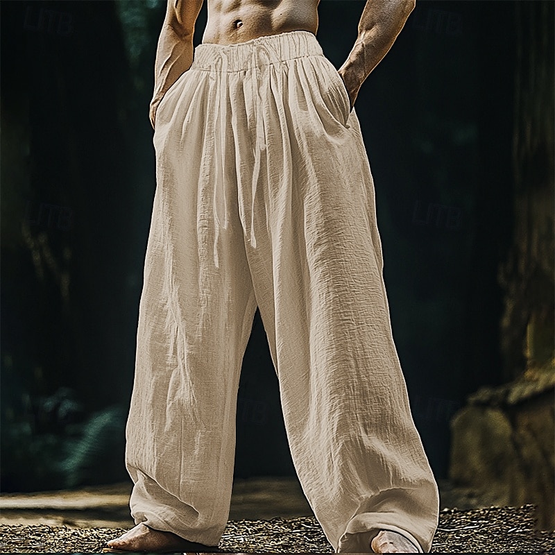 Men's Linen Pants Trousers Summer Pants Beach Pants Pocket Drawstring Elastic Waist Plain Comfort Breathable Vacation Daily Holiday Hawaiian Boho Black White 2025 - $20.99 –P6