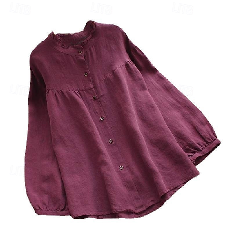 Neujahr Damen Elegante Oberteile Einfach Stilvoll Basic Modern Langarm Bischofsärmel Rundhalsausschnitt Normale Oberteile Arbeit Täglich Clubuniformen Gerafft Knöpfe Tunika Schwarz Purpur Khaki 2025 - $21.99 –P10