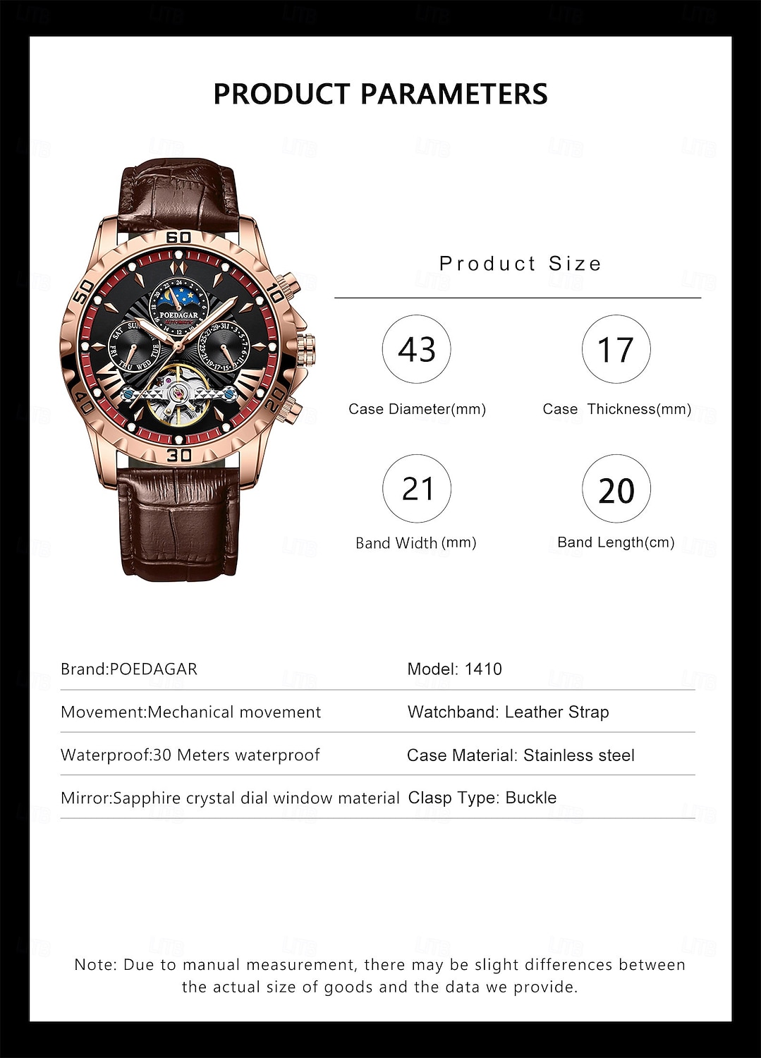 1410 Мужские Автоматические Механические Часы – Многофункциональный Турбийон с Настоящим Кожаным Ремешком Светящийся Циферблат 30M Водонепроницаемость Сапфировое Стекло Классический Бизнес 2025 - $48.99 –P9