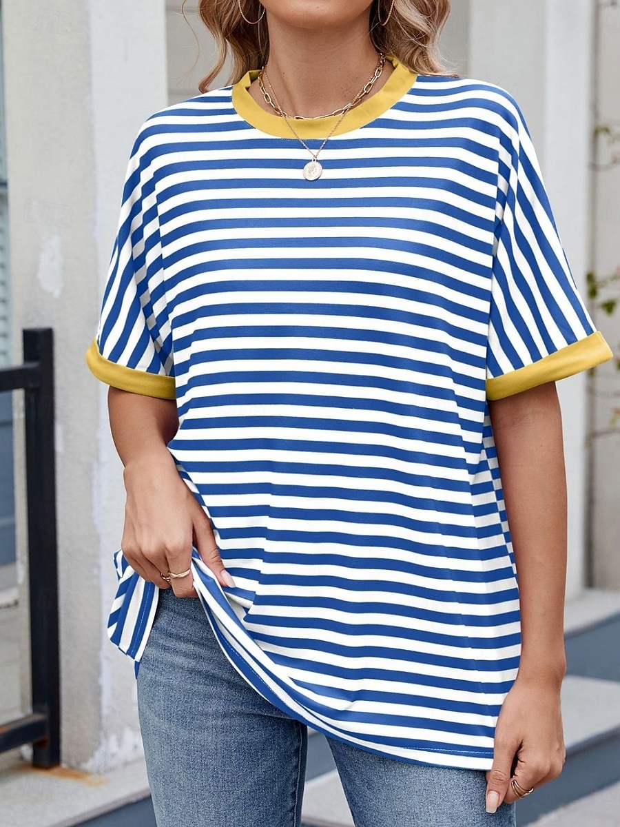 Femmes T-shirt Rayé Mode Élégant Moderne Manche Courte Col ras du cou Hauts Réguliers Quotidien Week-end Imprimé Noir Rouge Bleu Vert Été de 2025 ? $16.99 –P3