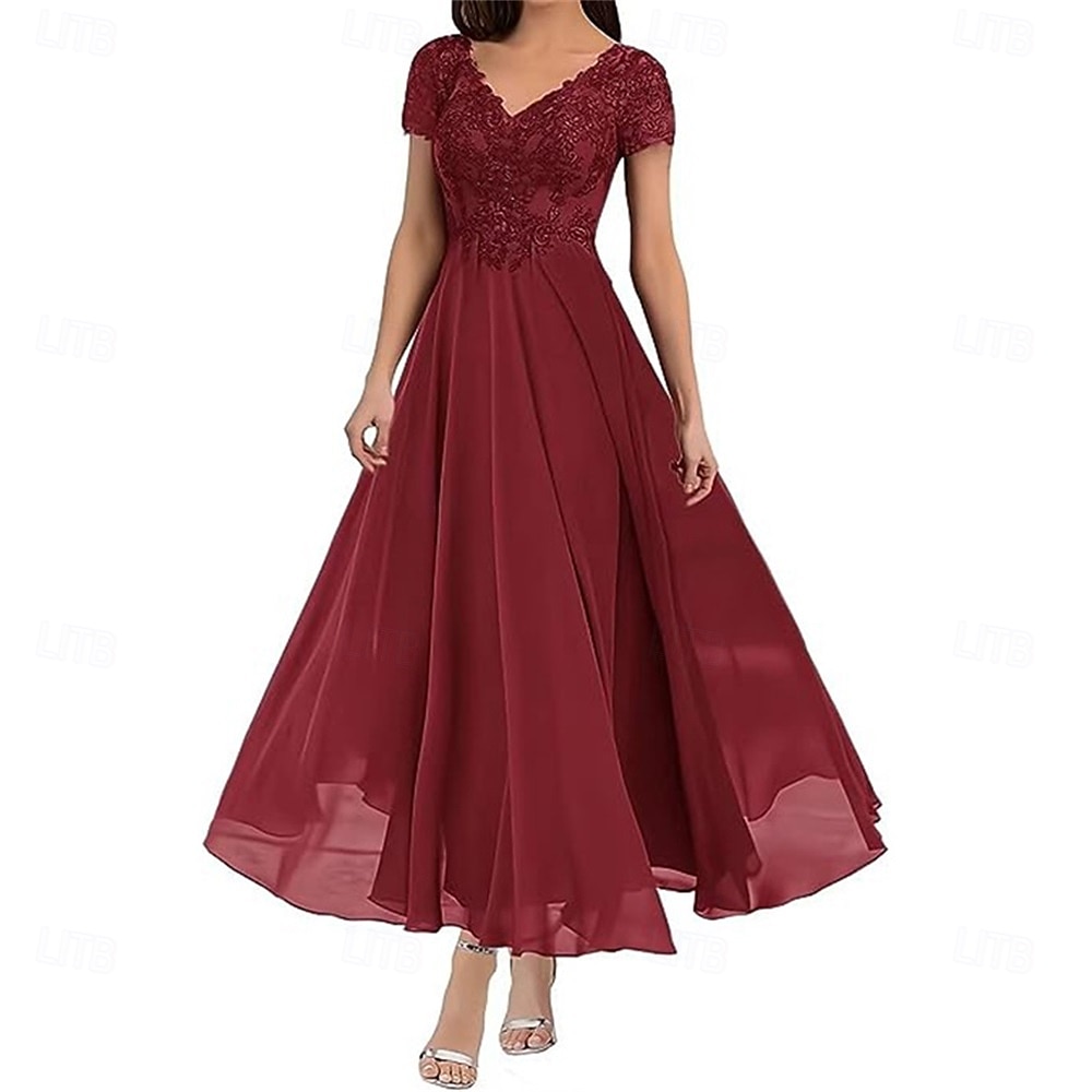 A-Linie Brautmutterkleid Elegant V Ausschnitt Bodenlang Polyester Kurzarm mit Einfarbig 2025 2025 - $119.99 –P7