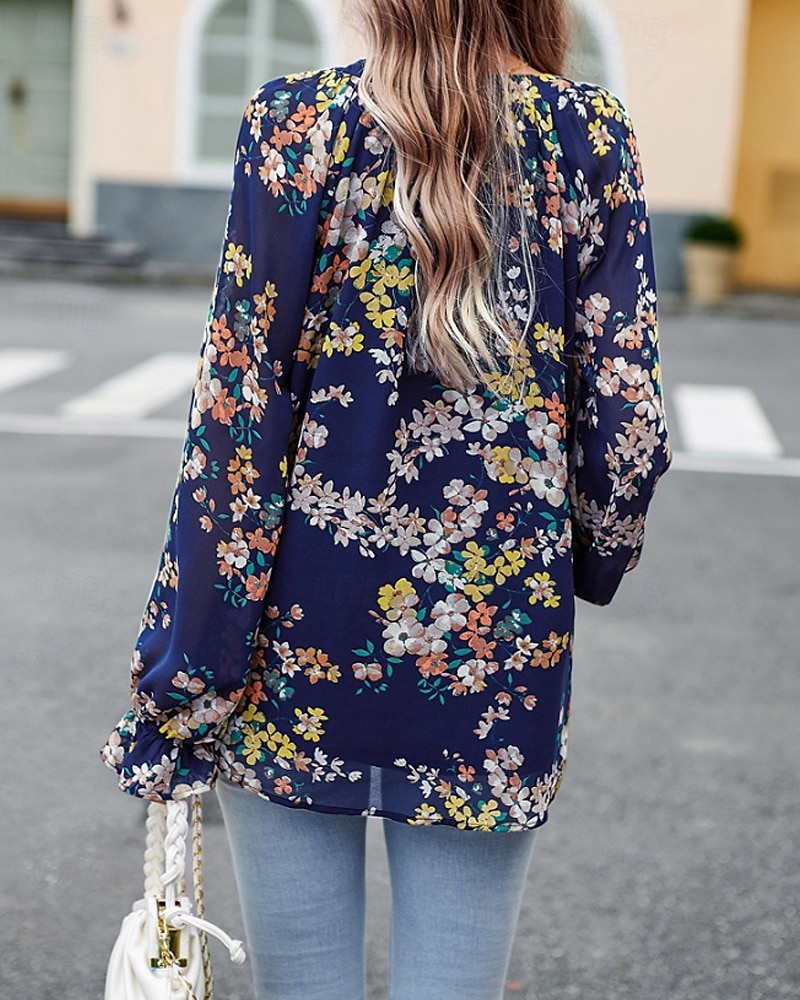 Femmes Chemise Bohème Chemisier Fleur Moderne Boho manche longue Col en V Hauts Réguliers Quotidien Sortir Imprimé Noir bleu marine Bleu Abricot Été de 2025 ? $26.99 –P5