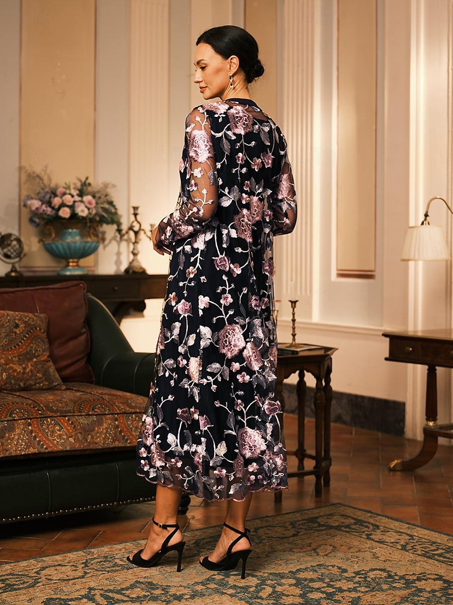 Dam Kappa Andningsfunktion Spets Broderad Elegant Blommig Formell Bröllop Fest Lång Rund halsringning Lös passning Långärmad Ytterkläder Grå rosa Svart Vinröd Sommar Vår 2025 - $50.99 –P3