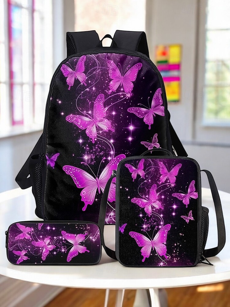 Ensemble de 3 sacs à dos d'école à imprimé papillon pour filles avec sac à lunch isotherme et trousse à crayons - léger et élégant pour l'école primaire et le collège, les voyages ou les pique-niques de 2025 ? $32.99 –P2