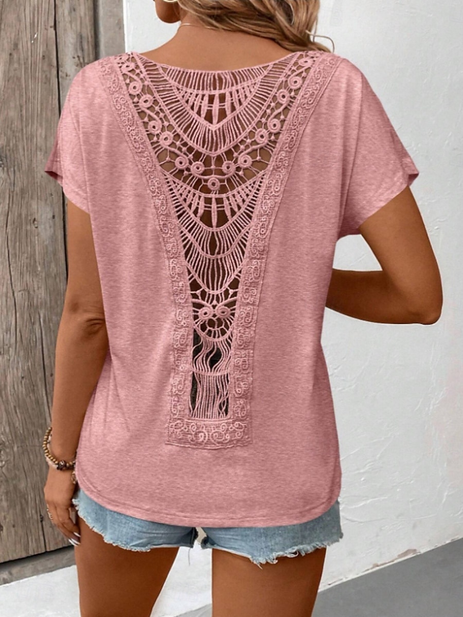 Damen T-Shirt Einfarbig Einfach Mode Modern Lässig Kurzarm Rundhalsausschnitt Regulär Oberteile Täglich Wochenende Spitze Patchwork Schwarz Weiß Pink Khaki Sommer 2025 - $18.99 –P4