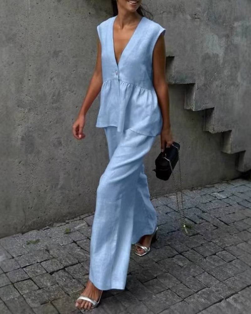 Damen Aktiv Mode Baumwoll-Leinen-Hemden Bluse Hosen-Sets Ärmellos V Ausschnitt Einfarbig Dubbele Rij Knopen Urlaub Alltagstauglich Schwarz Rosa Leicht Blau Sommer Normale Passform 2025 - $36.99 –P7