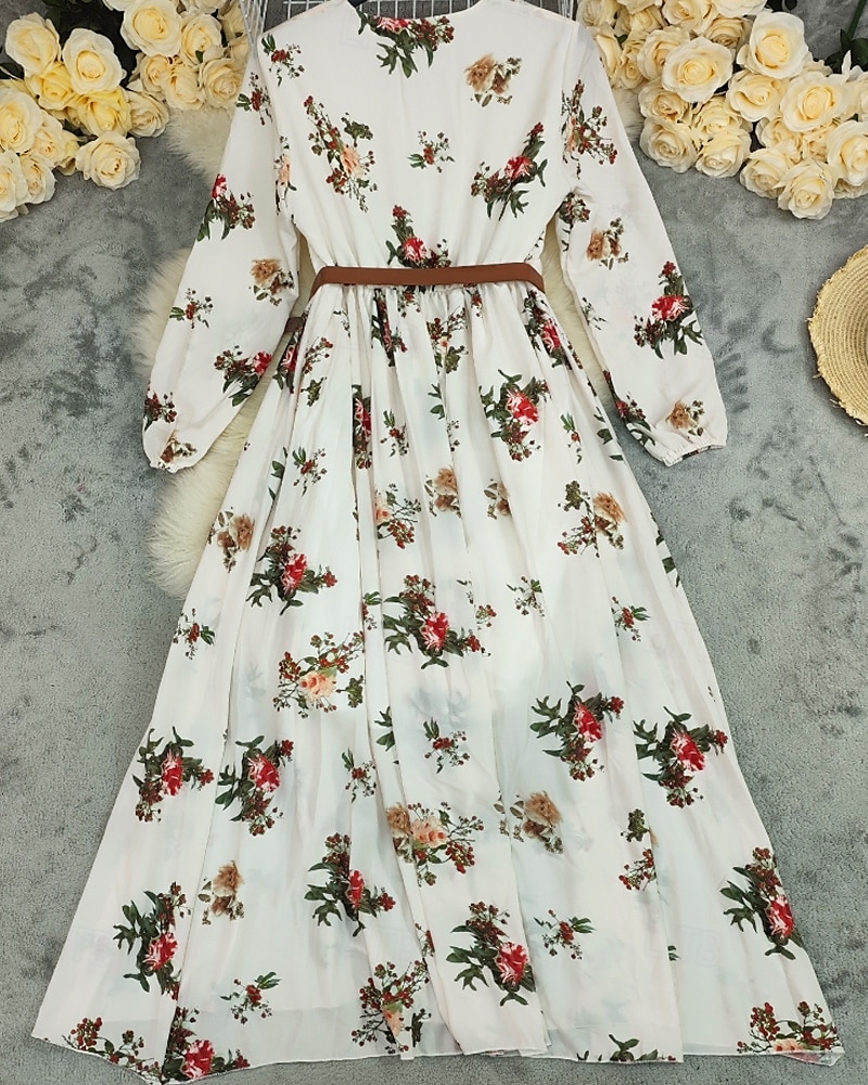 Dame Lang kjole Maxikjole Boho-kjole Western kjole Mote Moderne utendørs Feriereise Ut på byen Normal Blomsternål i krystall Langermet V-hals Elfenben Sommer 2025 - $30.99 –P3