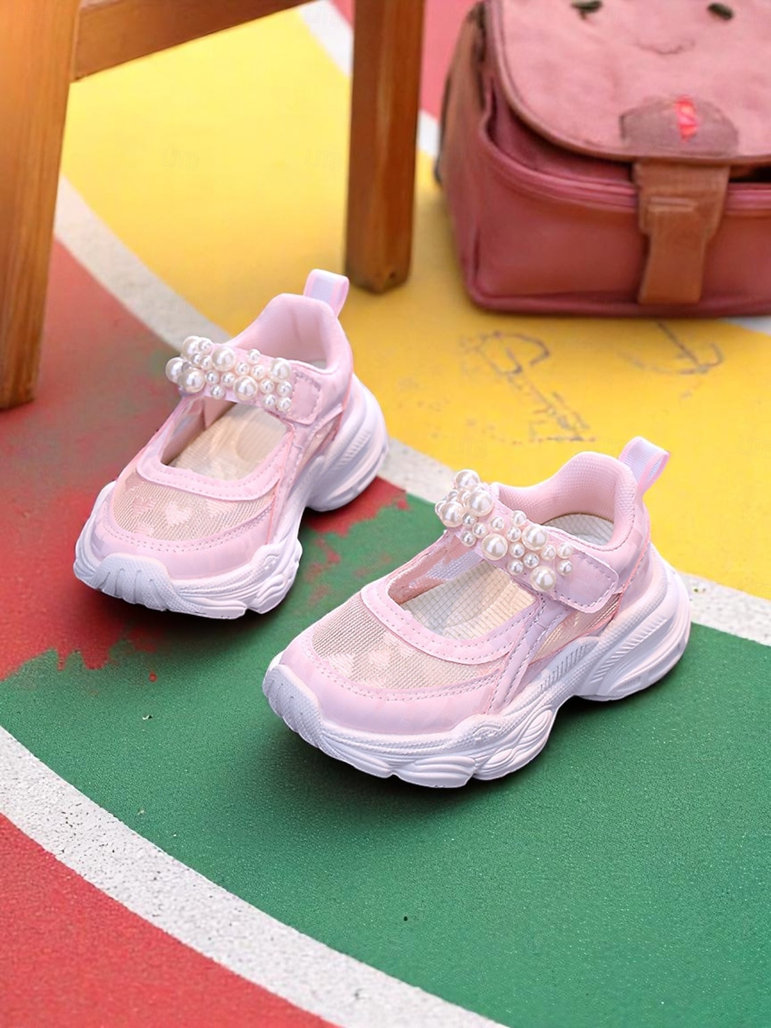 Rosa Mary Jane-sneakers i netting med perlemorrem til jenter – pustende, lette sportssandaler til skolestart, for lekeplass og hverdagsbruk 2025 - $24.99 –P4