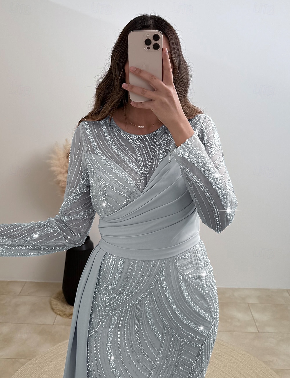 Robe de soirée colonne bleue élégante robe de carnaval formelle longueur de sol manches longues décolleté illusion sequins avec paillettes de 2025 ? $149.99 –P2