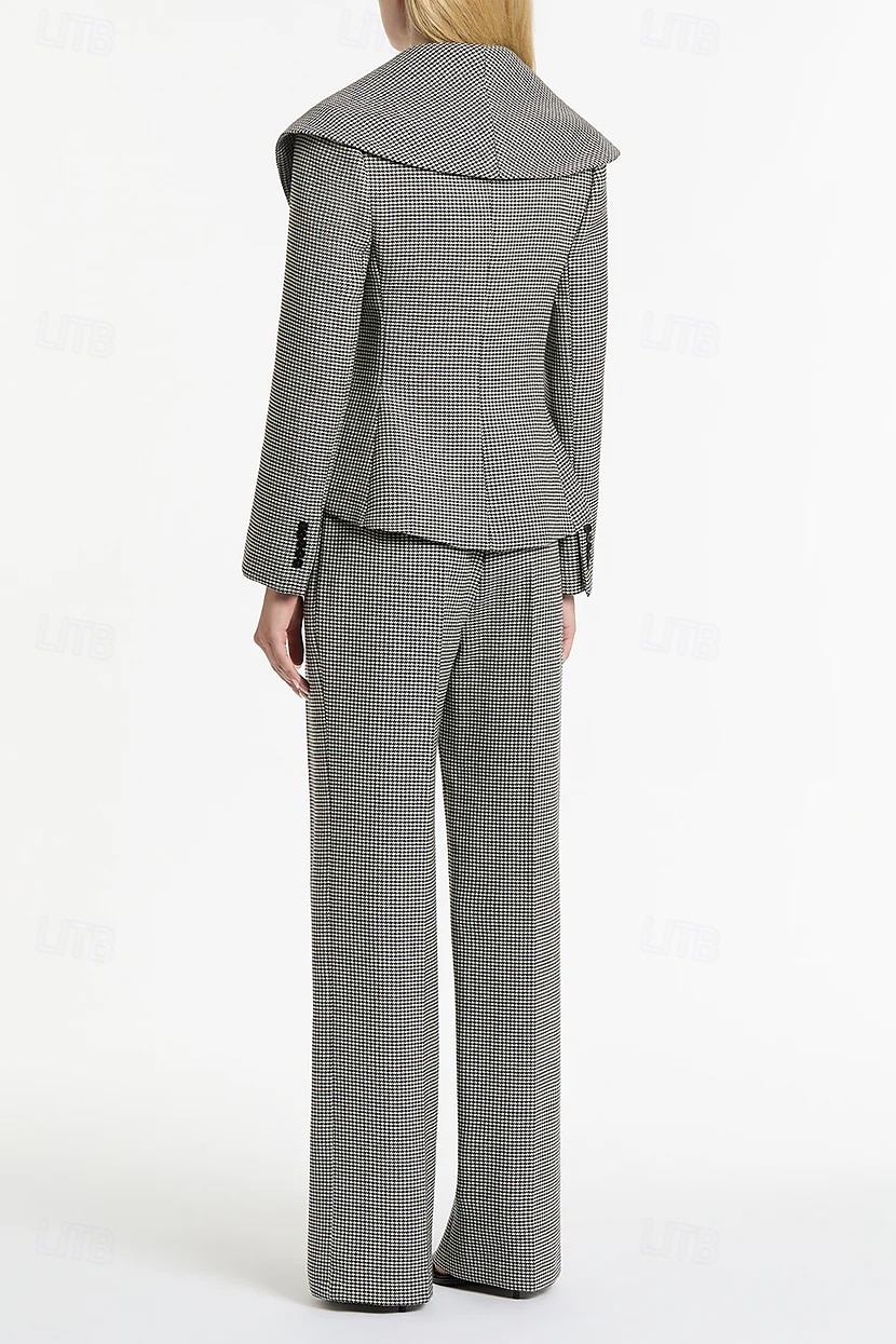 Houndstooth Plaid Pantsuit Two Piece Mother of the Bride Pantsuit Elegant Vintage Simple V Neck Floor Length Long Sleeve with Pleats 2025 - $199.99 –P4