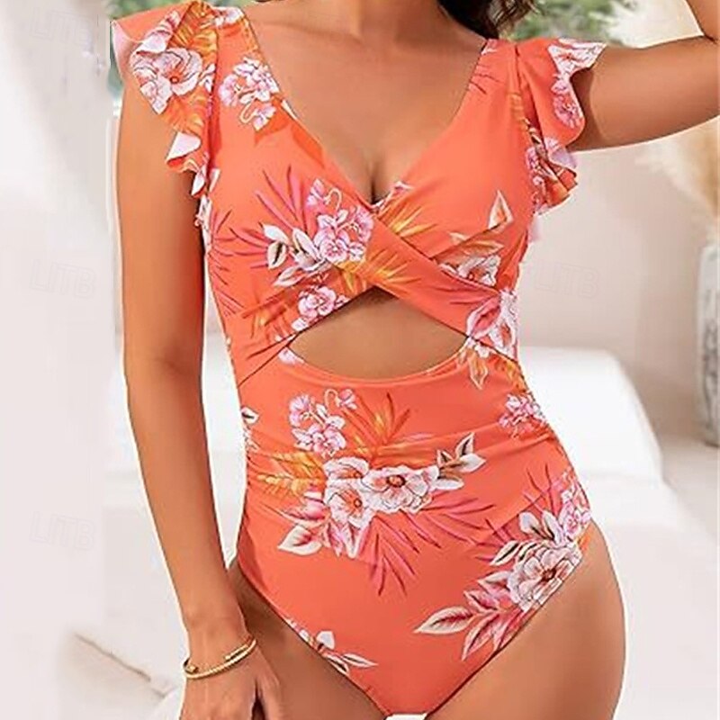 Femmes Maillot de bain 1 pièce Dos Nu Découpé Maillot de Bain Fleuri Maillots de Bain Noir Rouge Respirant Séchage Rapide Sans manches - Natation Surf Plongée en apnée Été de 2025 ? $21.99 –P13