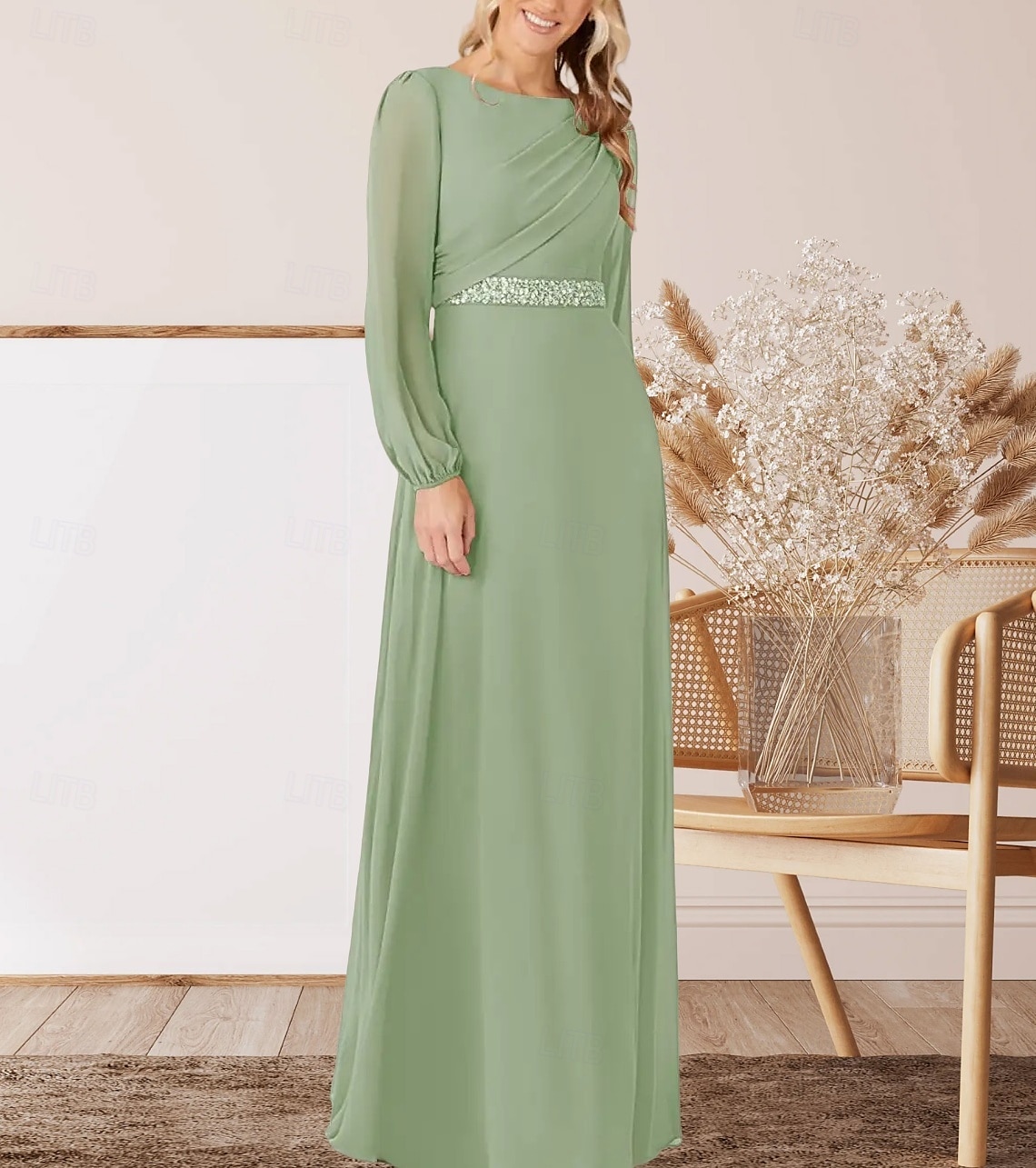 Robe A-Ligne pour Mère de la Mariée Invité de Mariage Élégante Col Arrondi Longueur Sol Chiffon Manches Longues avec Perles Ruché de 2025 ? $161.99 –P1