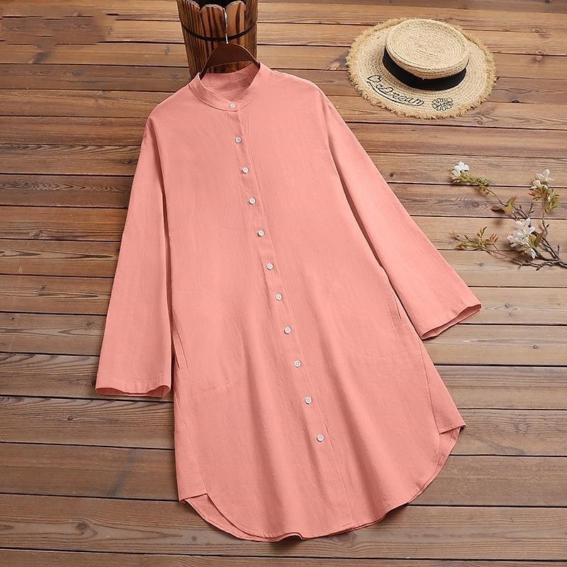 Mujer Camisa Camisas de algodón y lino Blusa Plano Moderno Casual Manga Larga Escote en Pico Tops largos Festivos Noche Botones Bolsillo Blanco Amarillo Rosa Verde Trébol Verano 2025 - $28.99 –P2
